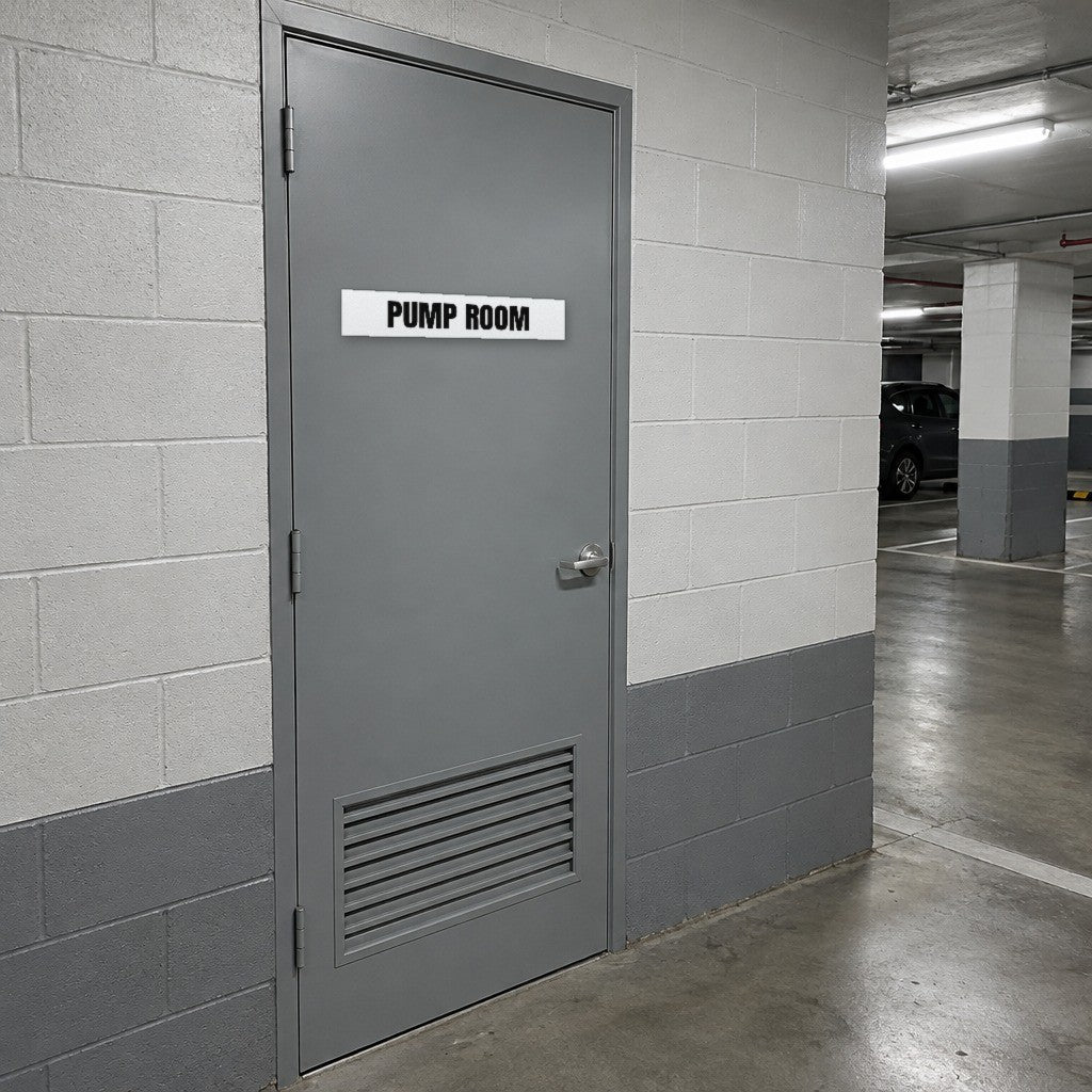 White and black Pump Room sign on a pump room door in an Australian basement car park