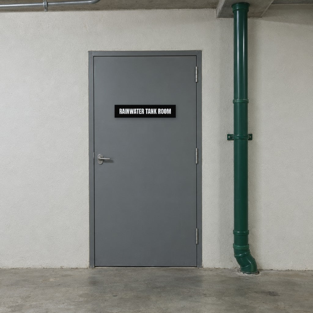 Black and white Rainwater Tank Room sign on a rainwater tank room door in an Australian building basement