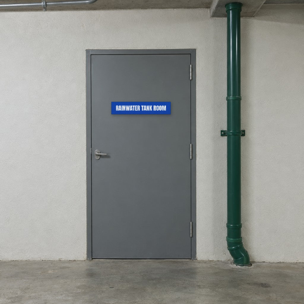 Blue and white Rainwater Tank Room sign on a rainwater tank room door in an Australian building basement