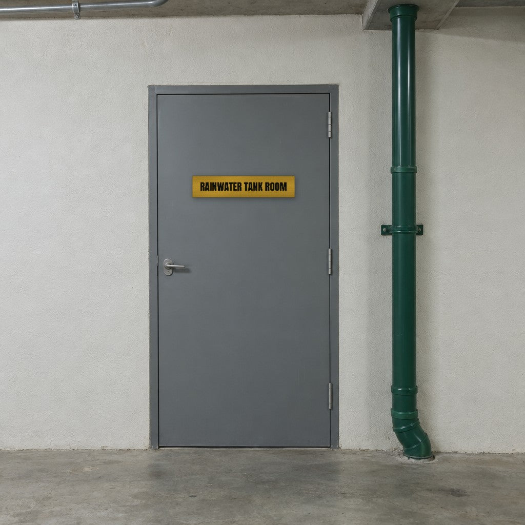 Brushed gold and black Rainwater Tank Room sign on a rainwater tank room door in an Australian building basement
