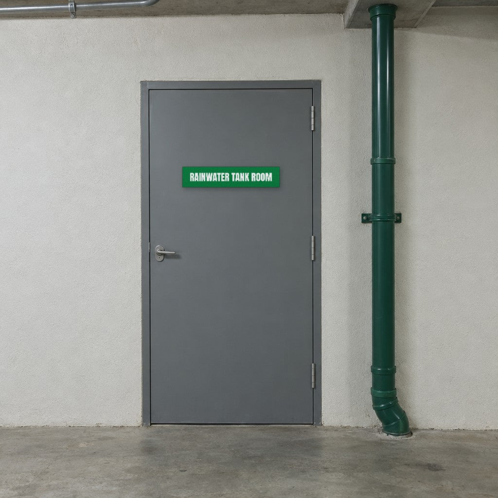 Green and white Rainwater Tank Room sign on a rainwater tank room door in an Australian building basement