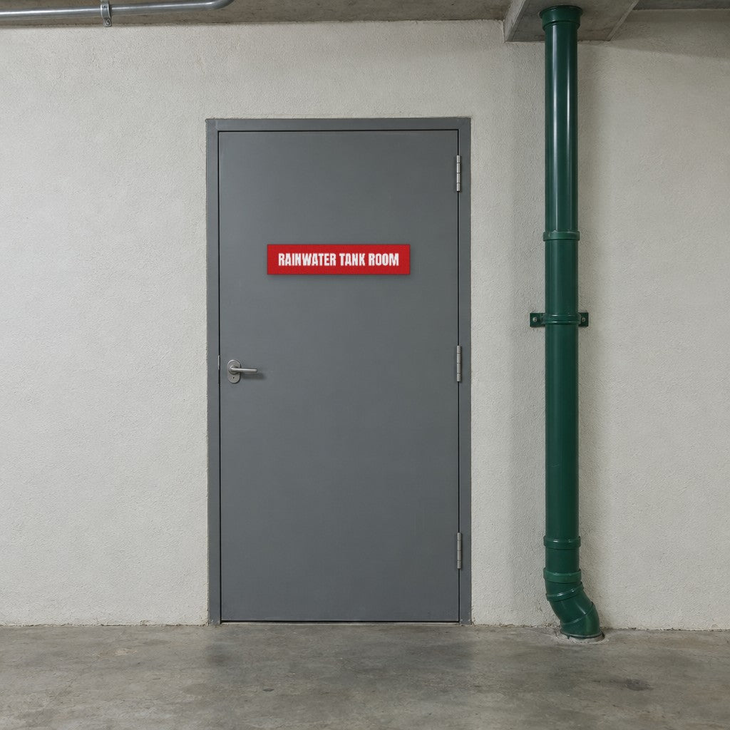 Red and white Rainwater Tank Room sign on a rainwater tank room door in an Australian building basement