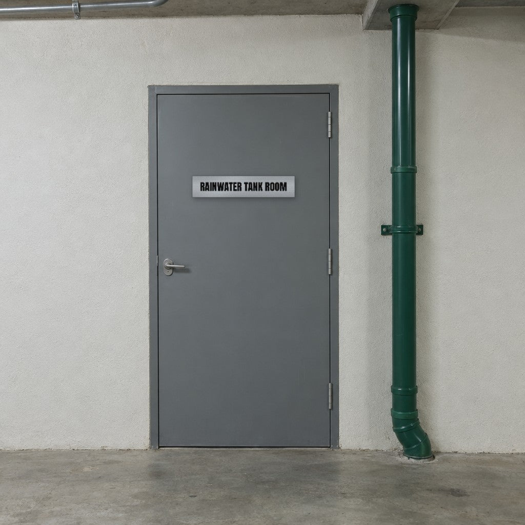 Brushed silver and black Rainwater Tank Room sign on a rainwater tank room door in an Australian building basement