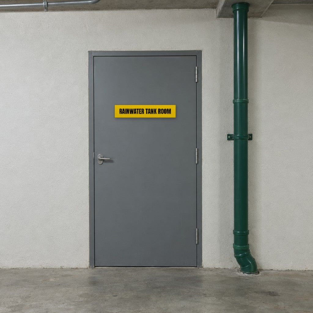 Yellow and black Rainwater Tank Room sign on a rainwater tank room door in an Australian building basement