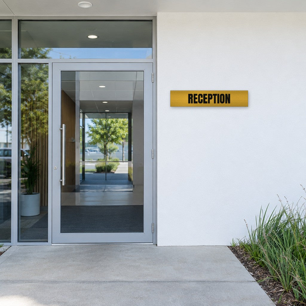 Brushed gold and black Reception sign beside the entry door of an Australian office building