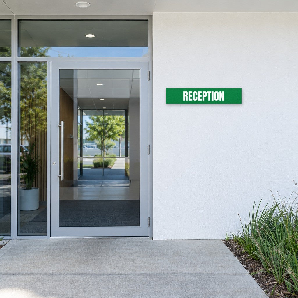 Green and white Reception sign beside the entry door of an Australian office building