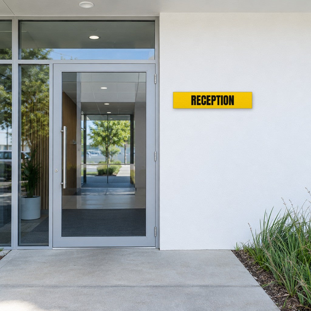Yellow and black Reception sign beside the entry door of an Australian office building