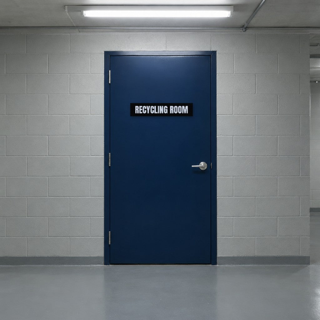 Black and white Recycling Room sign on a recycling room door in an Australian apartment building basement