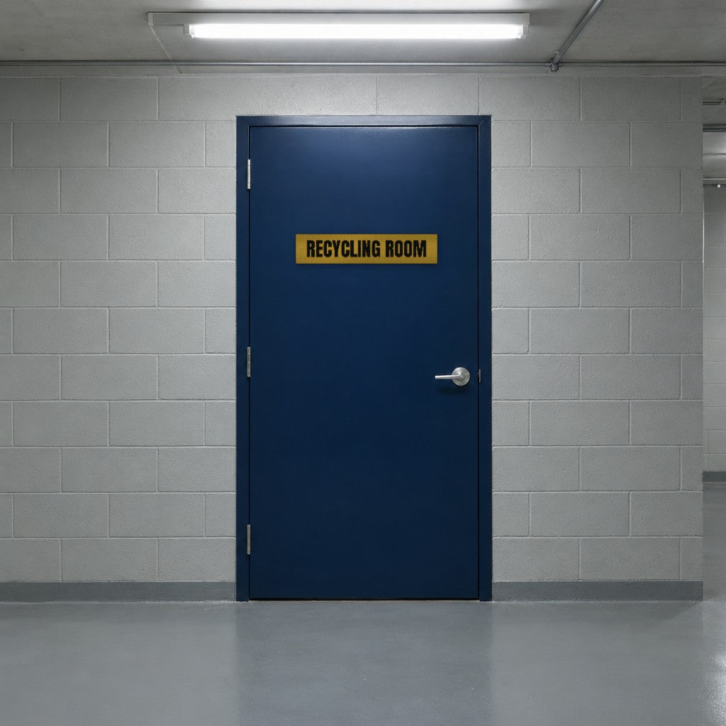 Brushed gold and black Recycling Room sign on a recycling room door in an Australian apartment building basement
