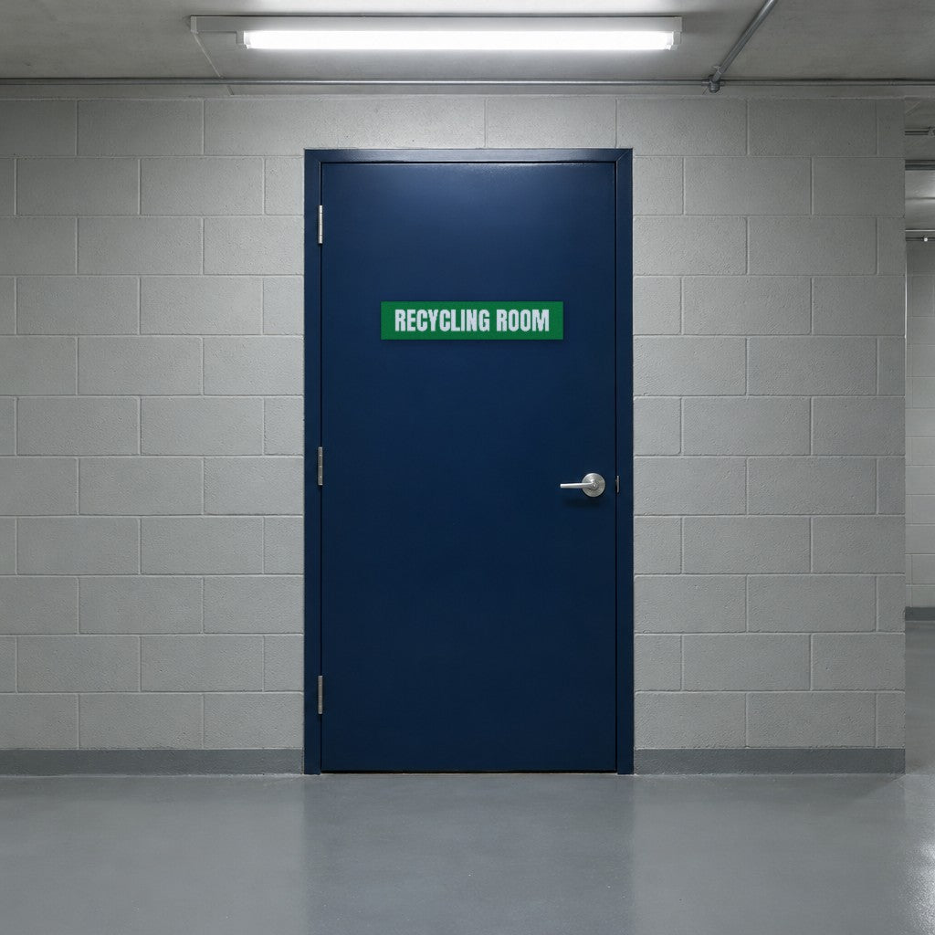 Green and white Recycling Room sign on a recycling room door in an Australian apartment building basement
