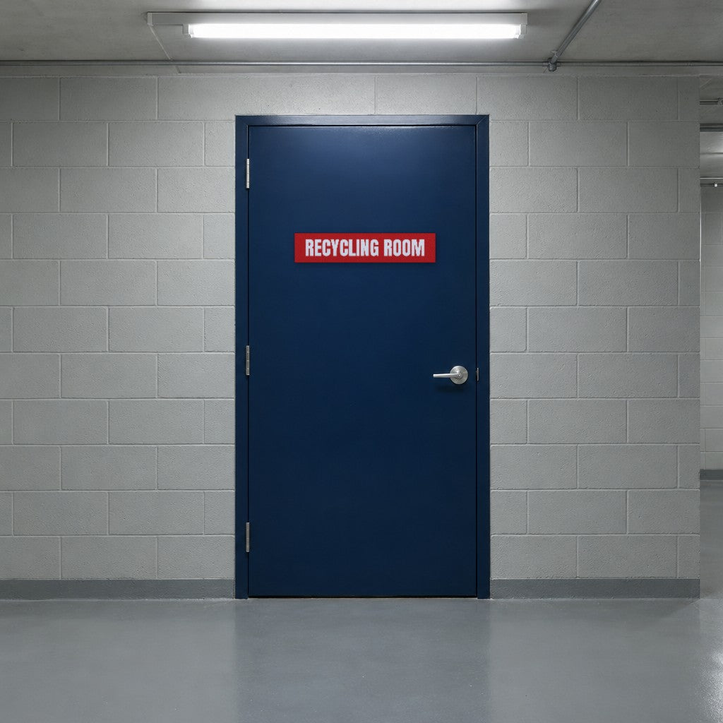 Red and white Recycling Room sign on a recycling room door in an Australian apartment building basement