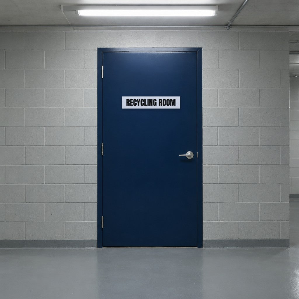 White and black Recycling Room sign on a recycling room door in an Australian apartment building basement