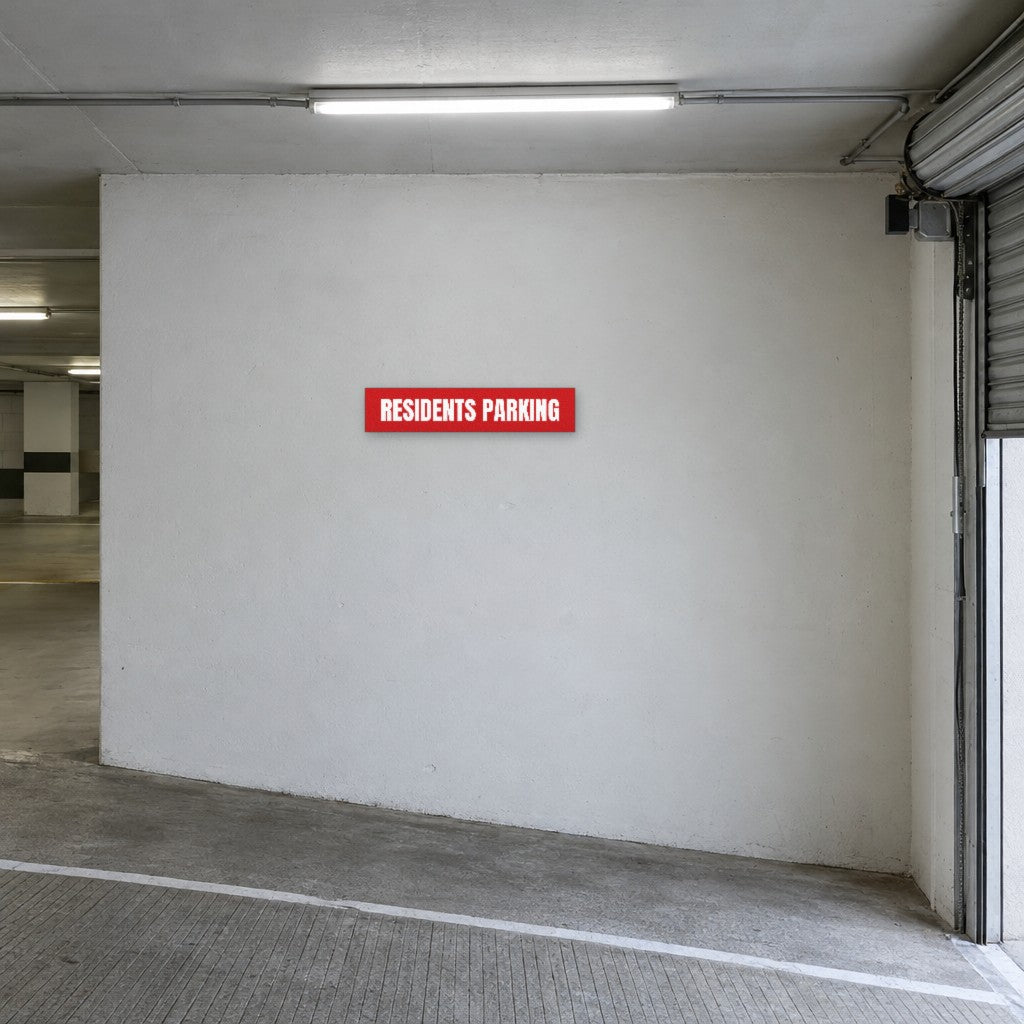 Red and white Residents Parking sign on the wall at the entry to residents parking in an Australian basement car park