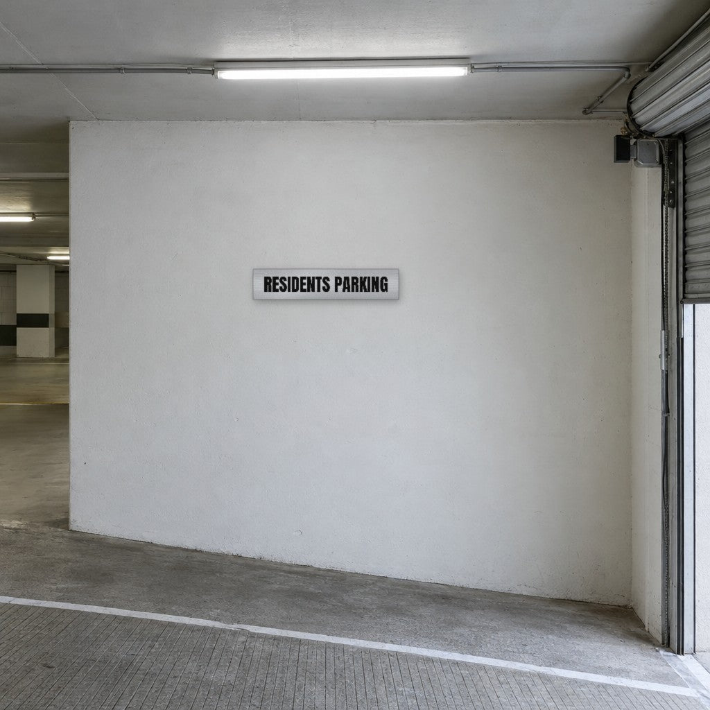 Brushed silver and black Residents Parking sign on the wall at the entry to residents parking in an Australian basement car park