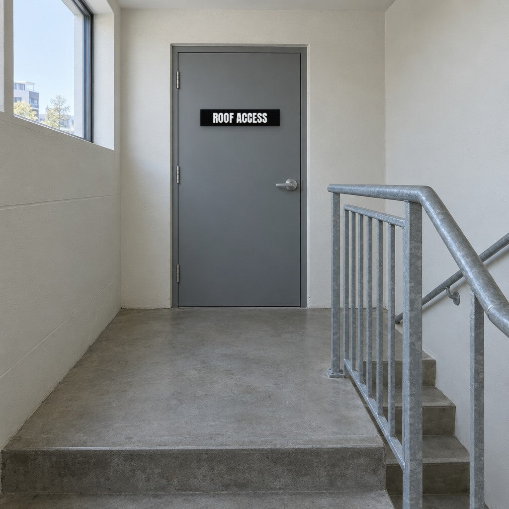 Black and white Roof Access sign on a roof access door at the top of an Australian apartment building fire stair