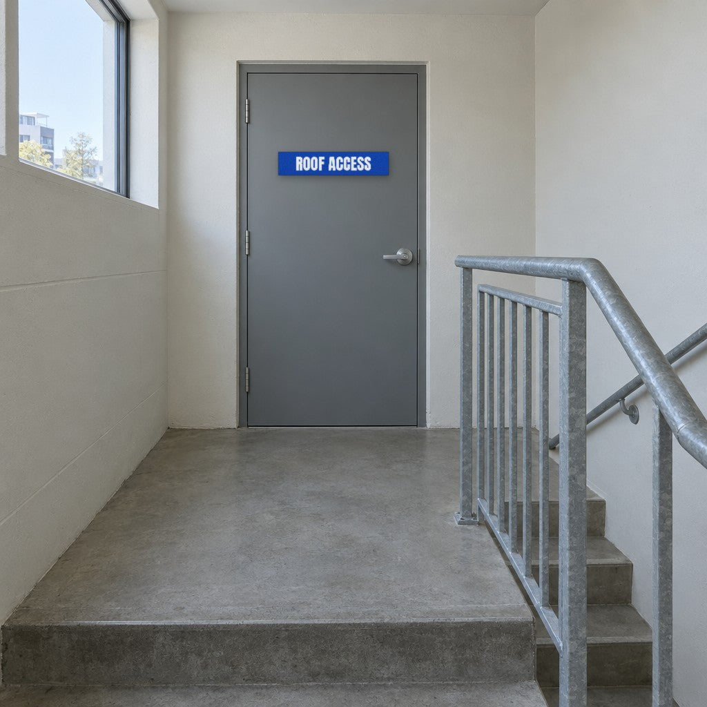 Blue and white Roof Access sign on a roof access door at the top of an Australian apartment building fire stair