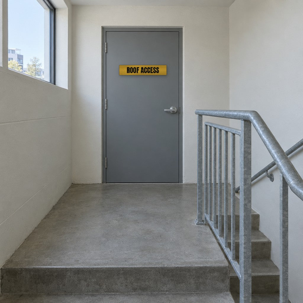 Brushed gold and black Roof Access sign on a roof access door at the top of an Australian apartment building fire stair