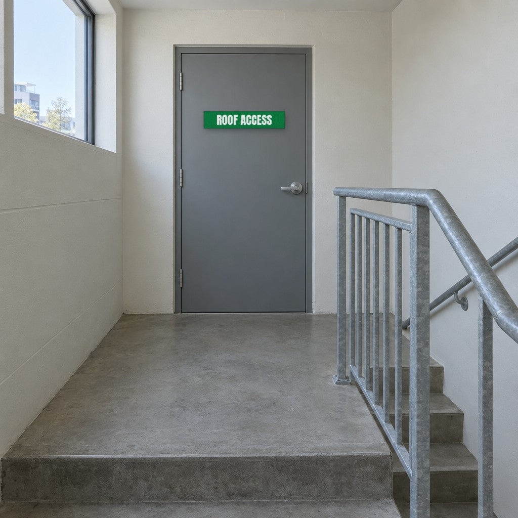 Green and white Roof Access sign on a roof access door at the top of an Australian apartment building fire stair