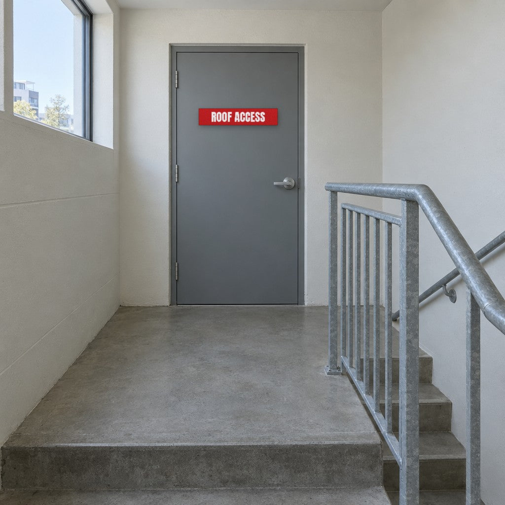Red and white Roof Access sign on a roof access door at the top of an Australian apartment building fire stair