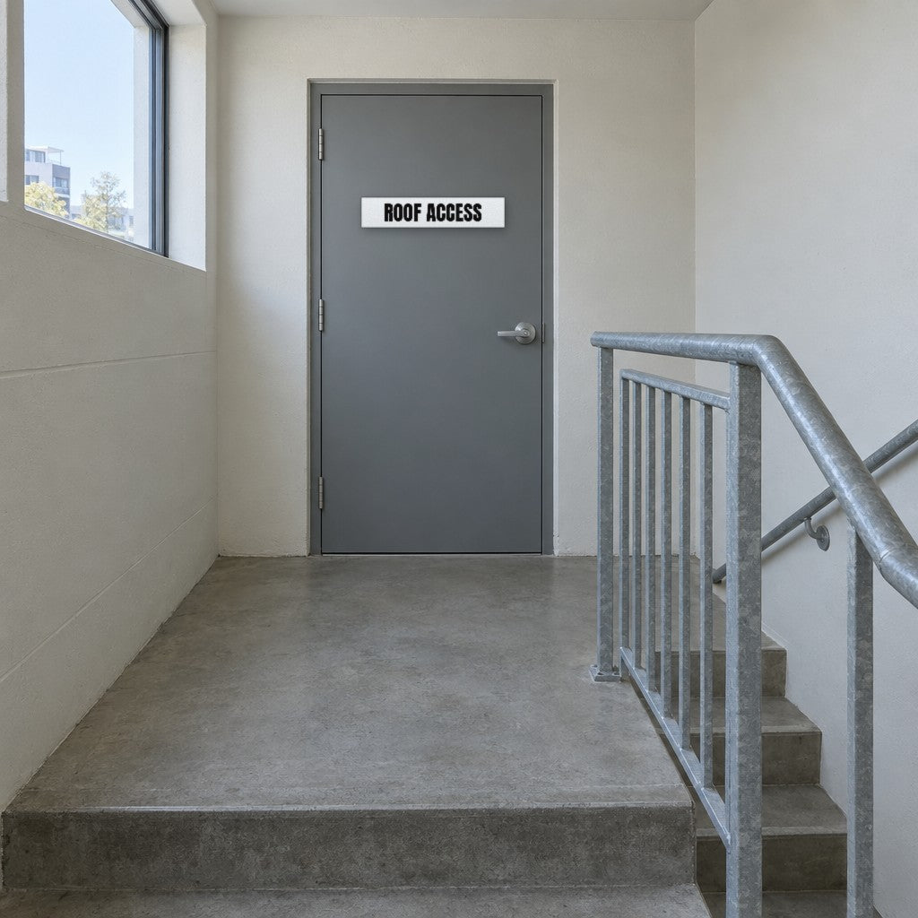 White and black Roof Access sign on a roof access door at the top of an Australian apartment building fire stair