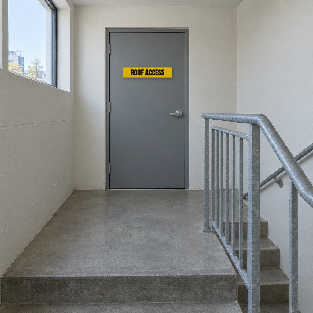 Yellow and black Roof Access sign on a roof access door at the top of an Australian apartment building fire stair