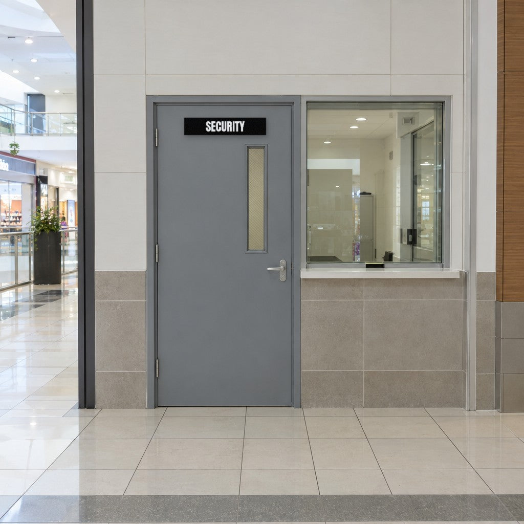 Black and white Security sign on a security office door in an Australian shopping centre
