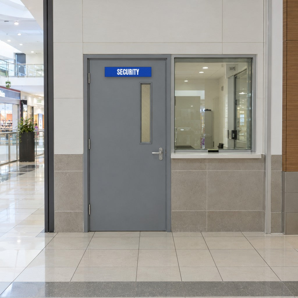 Blue and white Security sign on a security office door in an Australian shopping centre