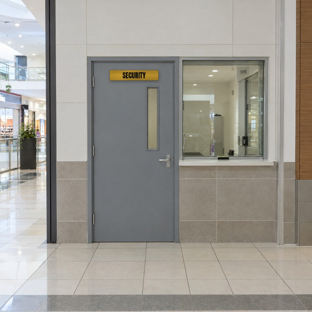 Brushed gold and black Security sign on a security office door in an Australian shopping centre
