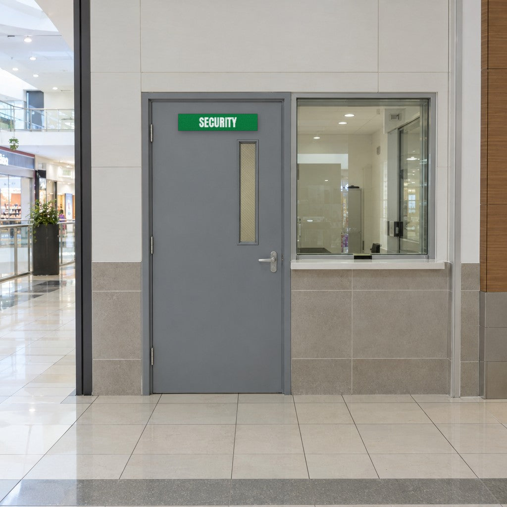 Green and white Security sign on a security office door in an Australian shopping centre