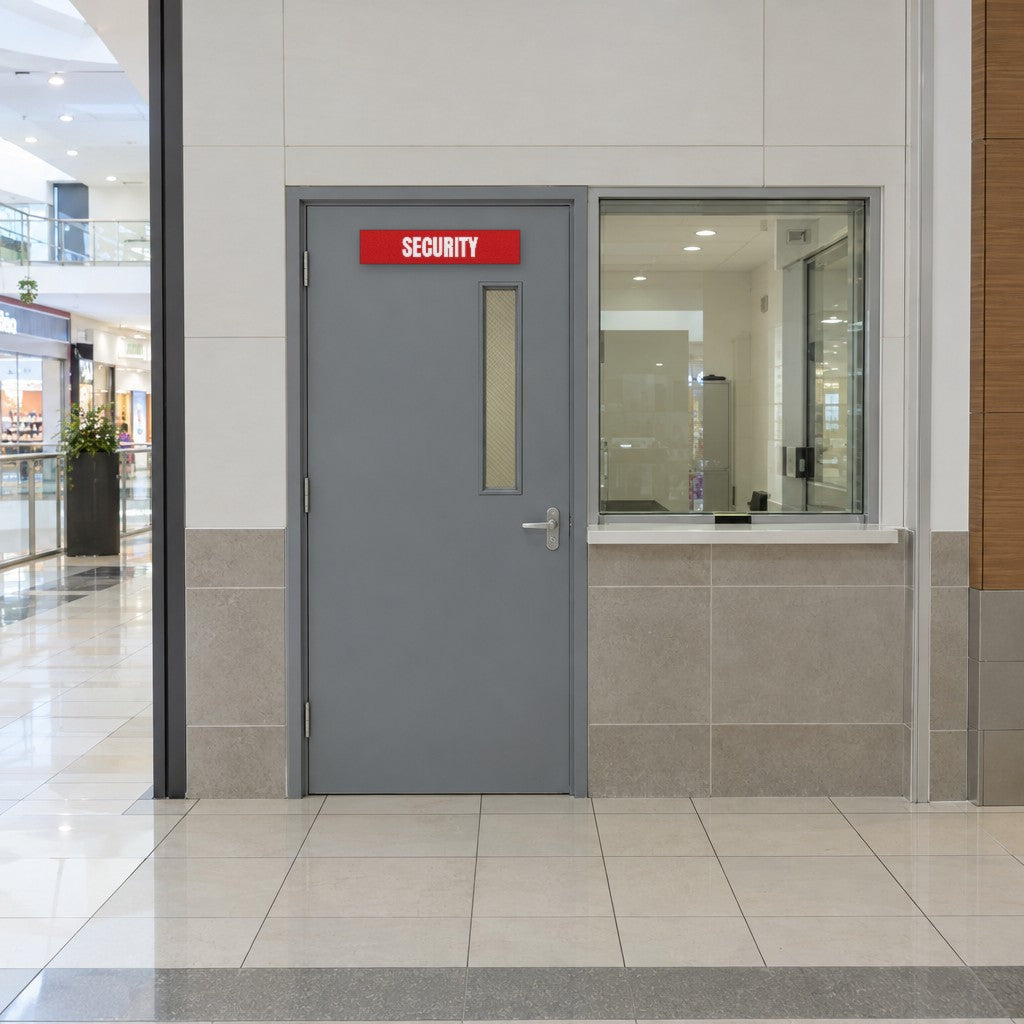 Red and white Security sign on a security office door in an Australian shopping centre