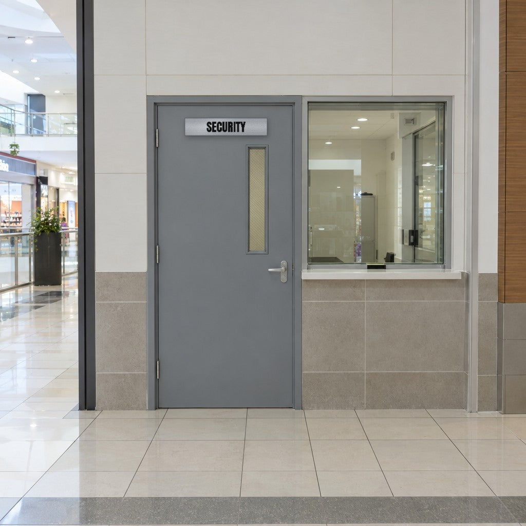 Brushed silver and black Security sign on a security office door in an Australian shopping centre