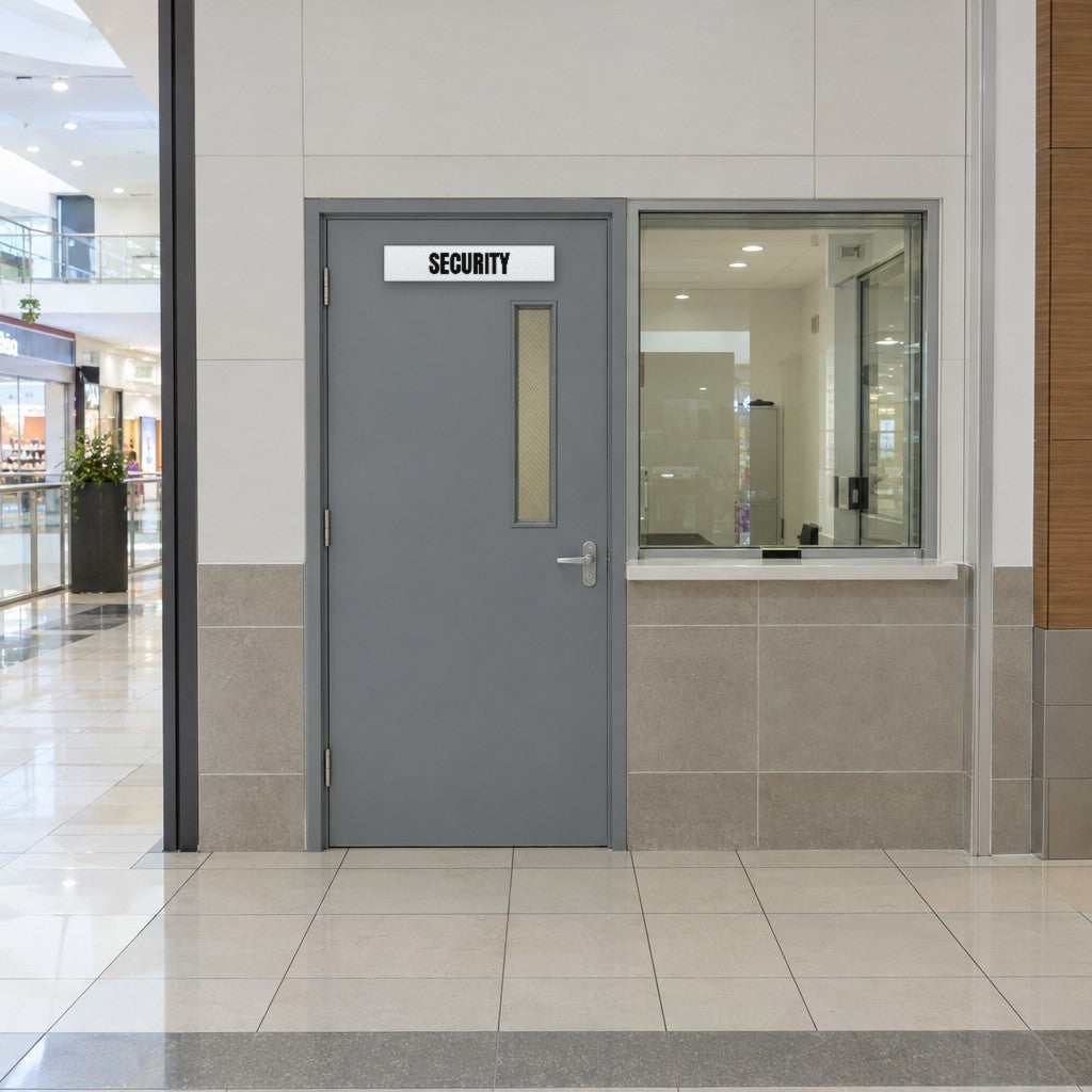White and black Security sign on a security office door in an Australian shopping centre