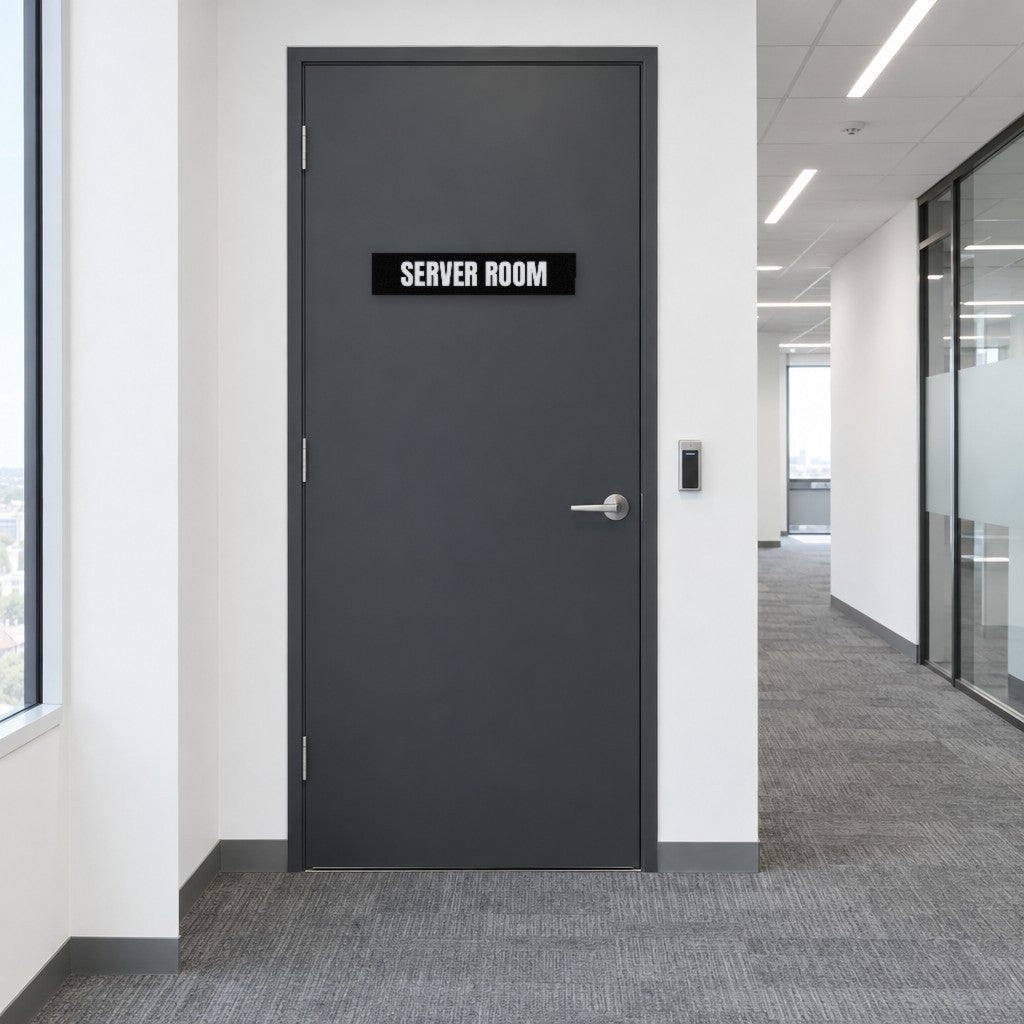 Black and white Server Room sign on a server room door in an Australian office