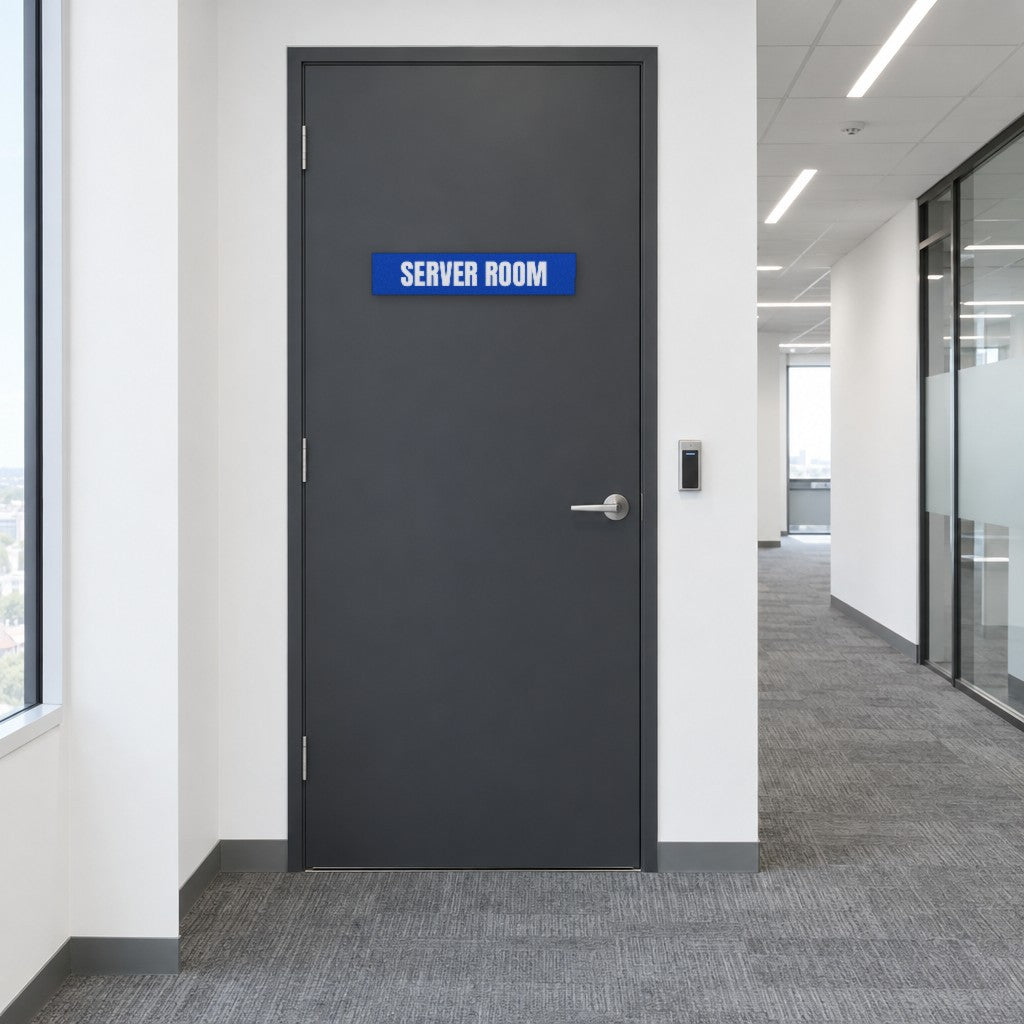 Blue and white Server Room sign on a server room door in an Australian office