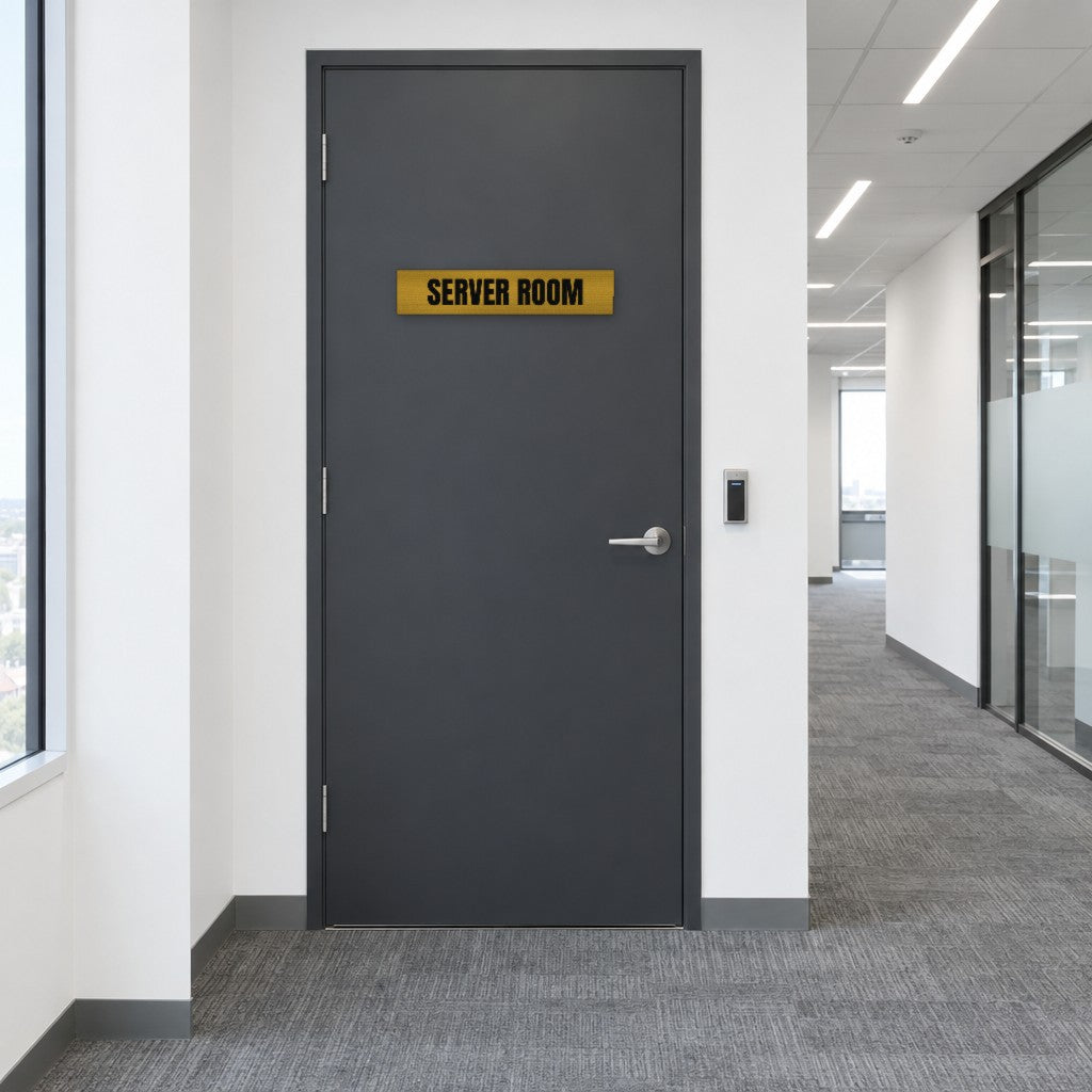 Brushed gold and black Server Room sign on a server room door in an Australian office