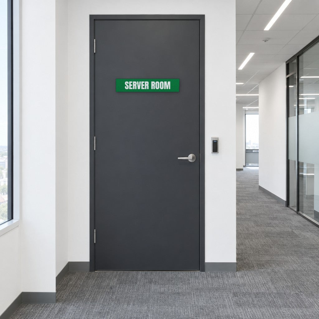Green and white Server Room sign on a server room door in an Australian office