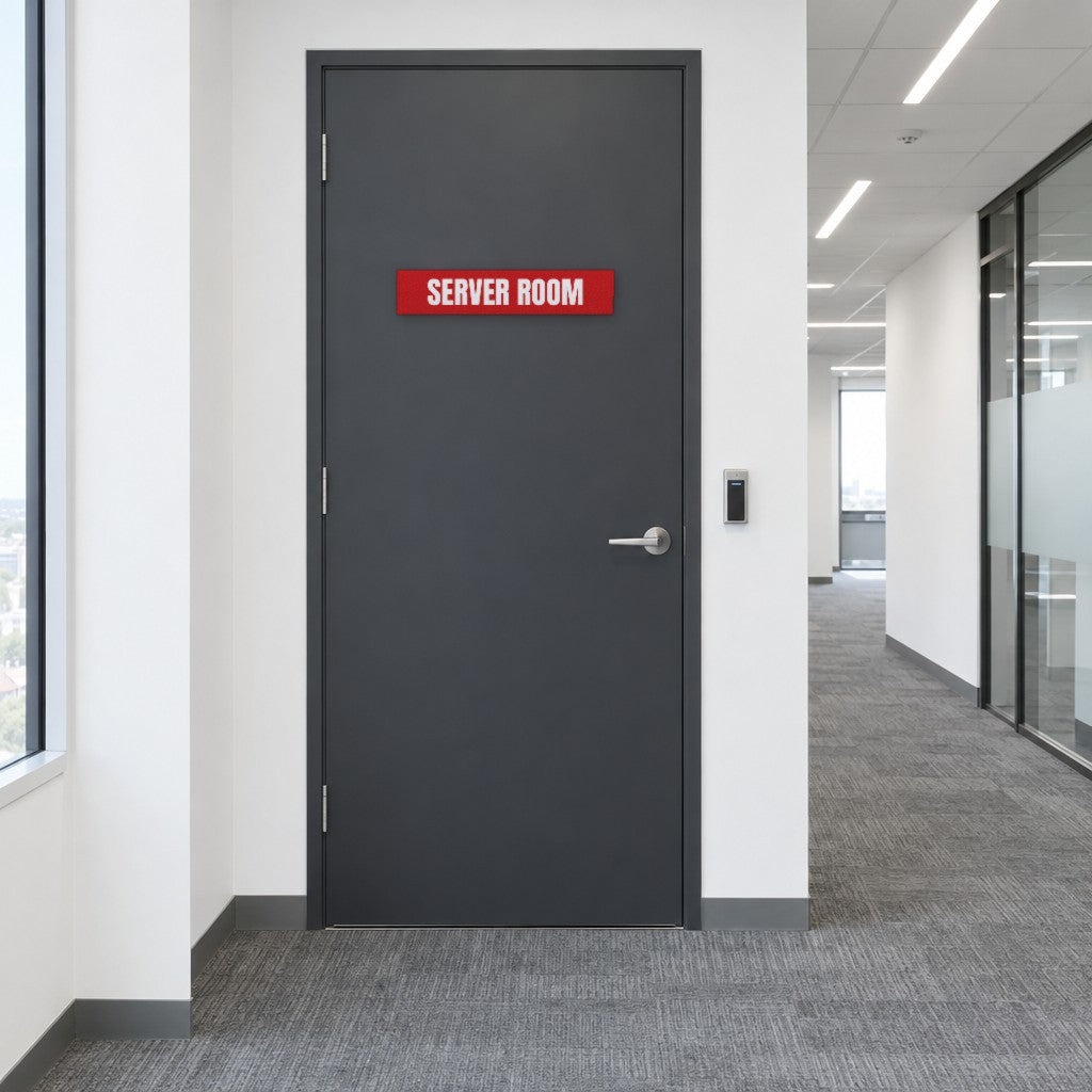 Red and white Server Room sign on a server room door in an Australian office