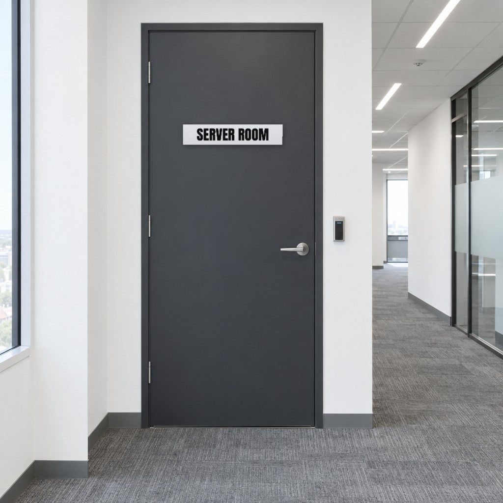 White and black Server Room sign on a server room door in an Australian office