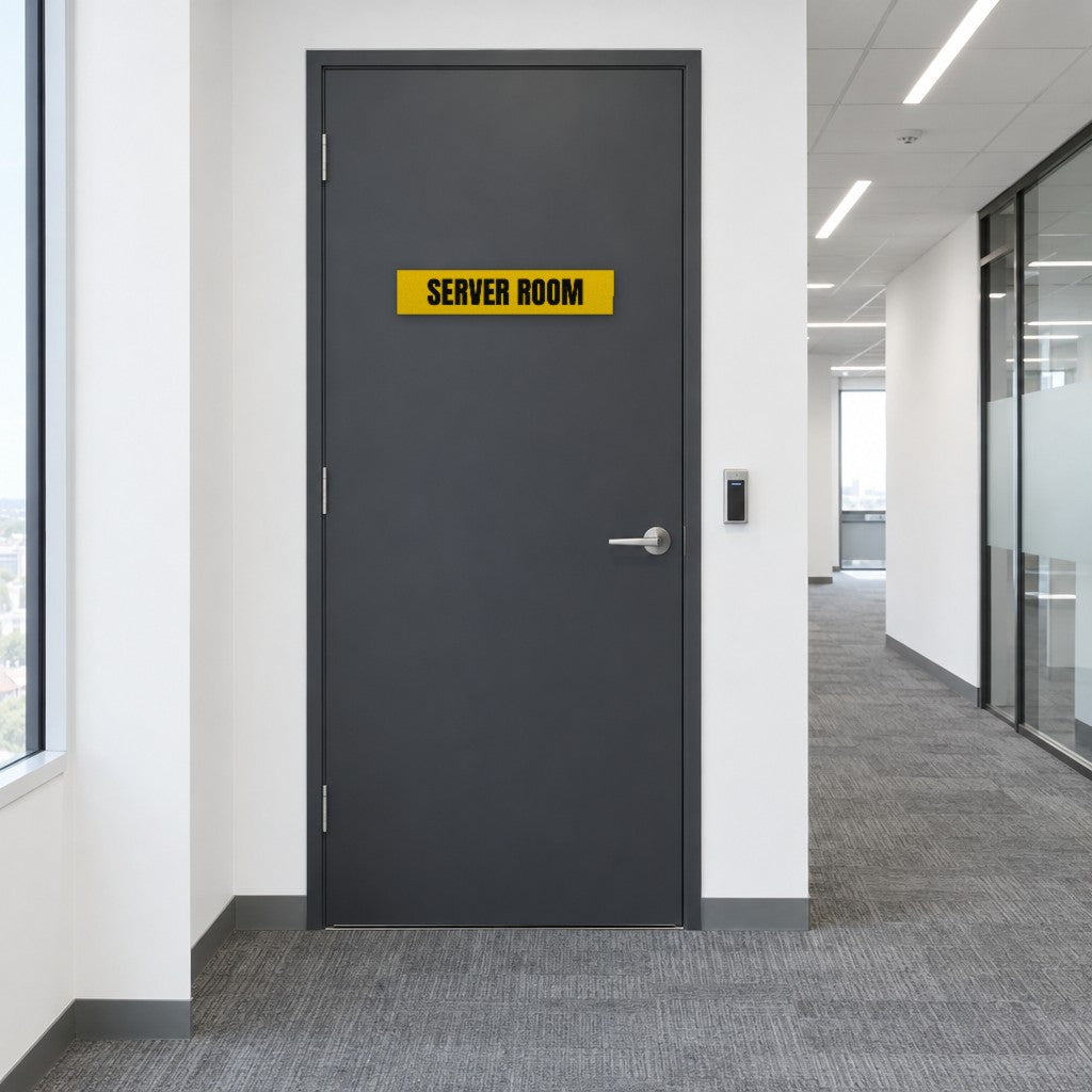 Yellow and black Server Room sign on a server room door in an Australian office