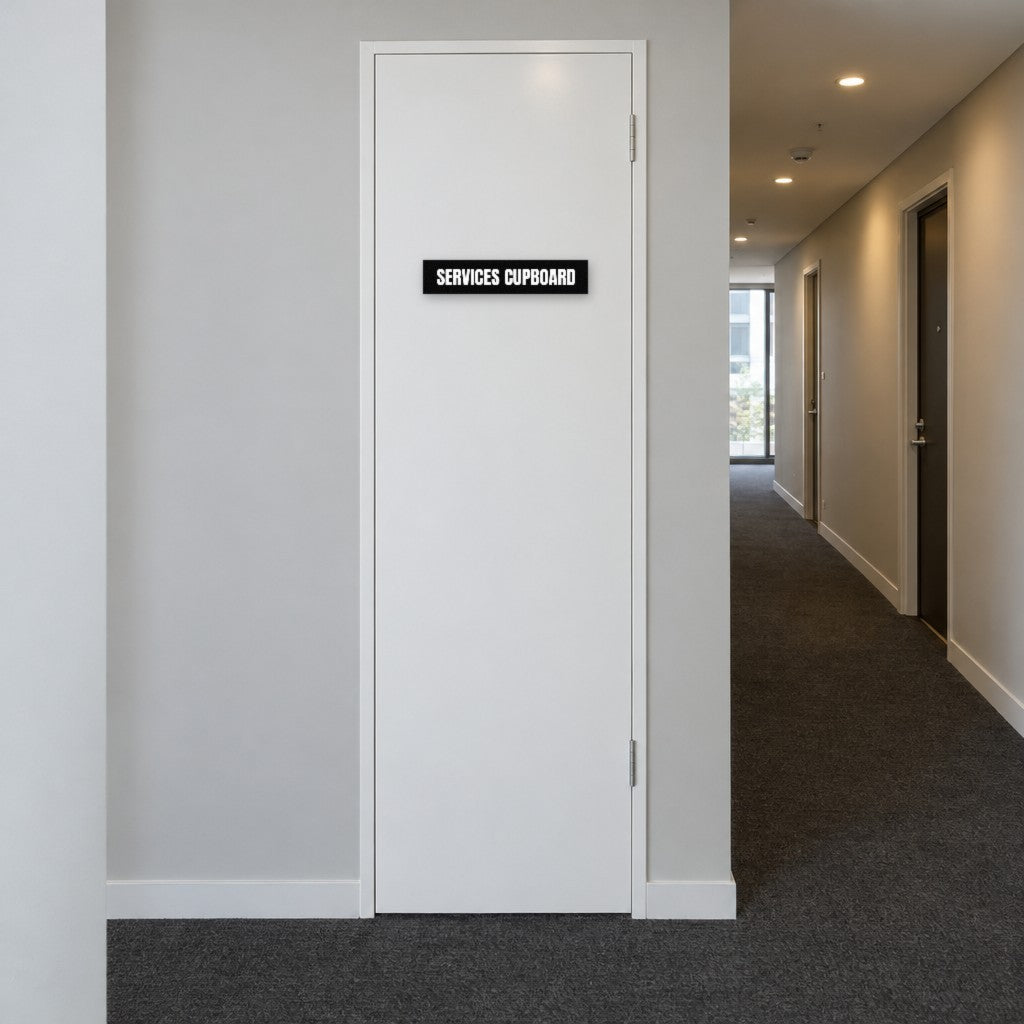 Black and white Services Cupboard sign on a services cupboard door in an Australian apartment corridor