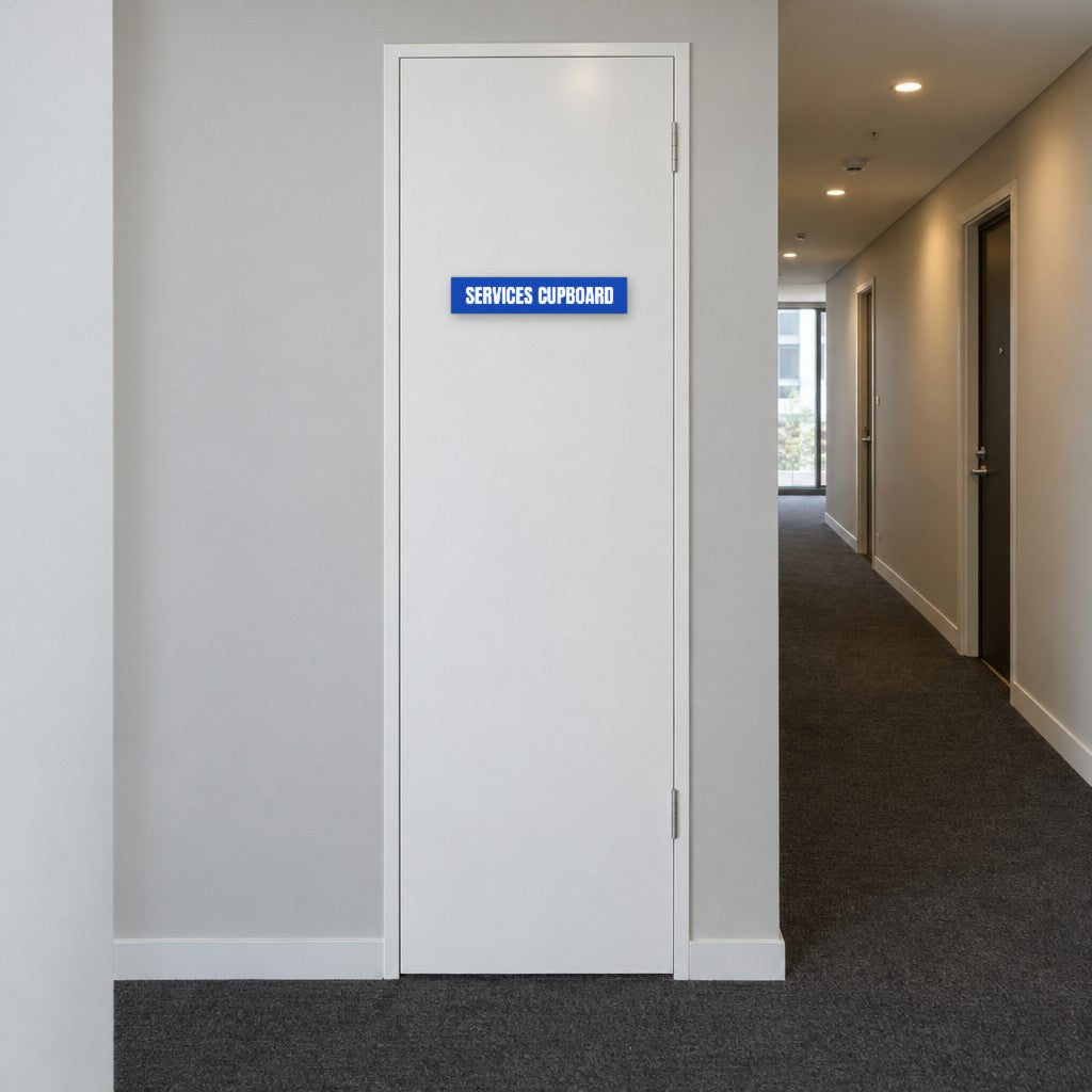 Blue and white Services Cupboard sign on a services cupboard door in an Australian apartment corridor