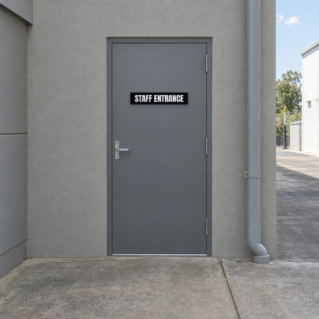 Black and white Staff Entrance sign on a staff entrance door at the rear of an Australian retail shop