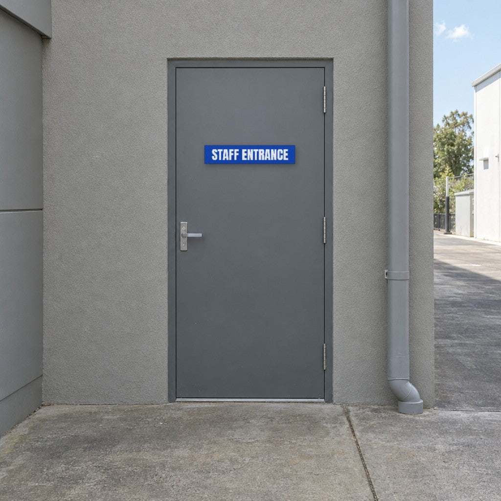Blue and white Staff Entrance sign on a staff entrance door at the rear of an Australian retail shop