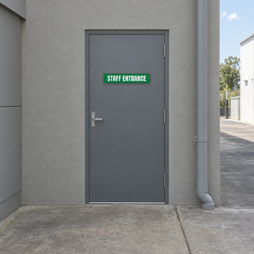 Green and white Staff Entrance sign on a staff entrance door at the rear of an Australian retail shop