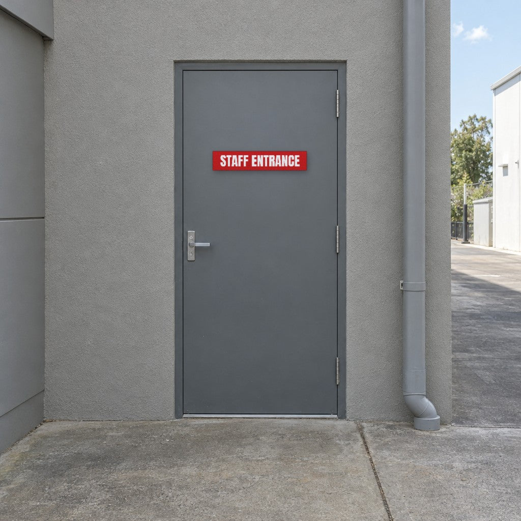 Red and white Staff Entrance sign on a staff entrance door at the rear of an Australian retail shop