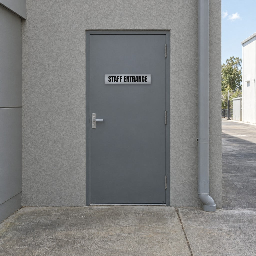 Brushed silver and black Staff Entrance sign on a staff entrance door at the rear of an Australian retail shop