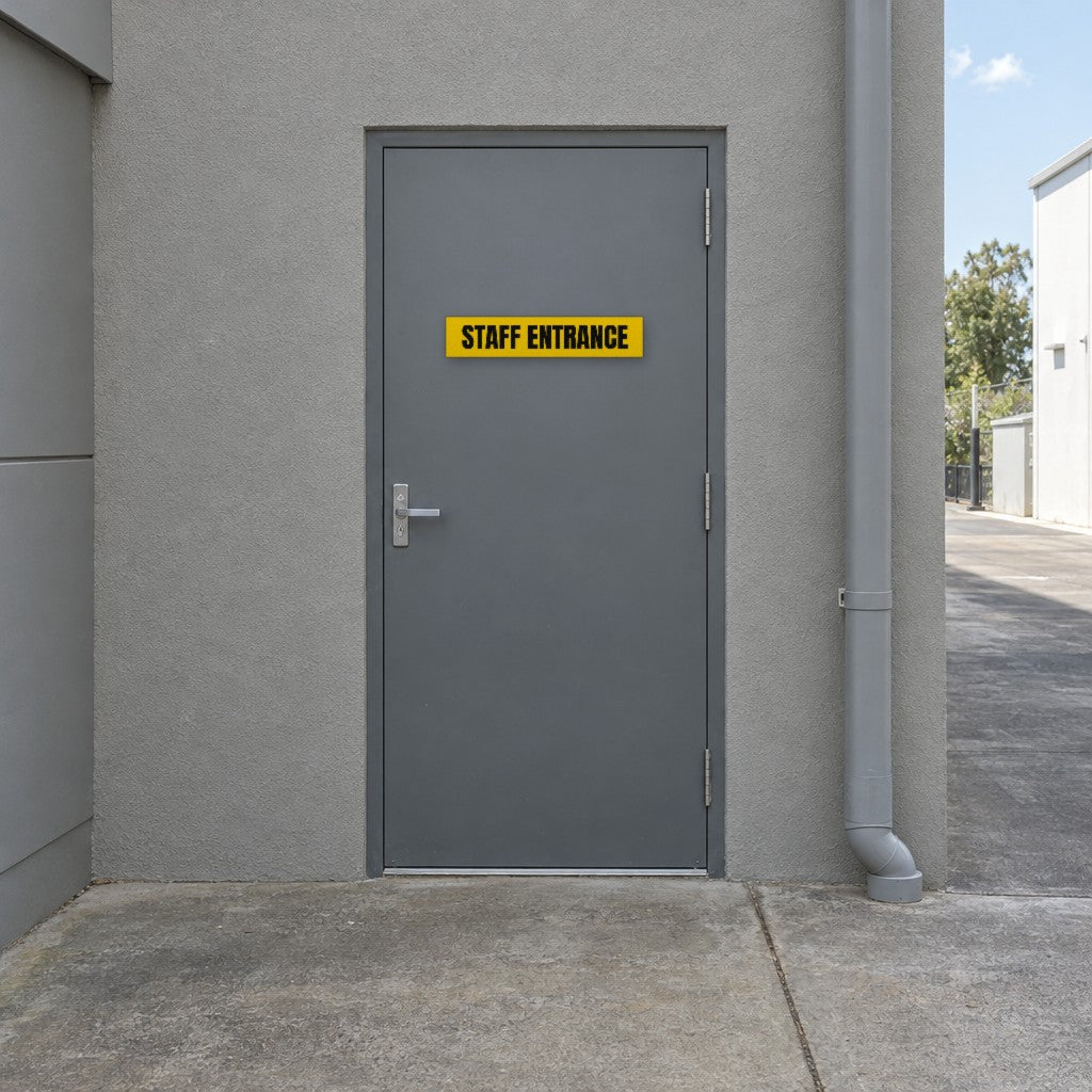 Yellow and black Staff Entrance sign on a staff entrance door at the rear of an Australian retail shop