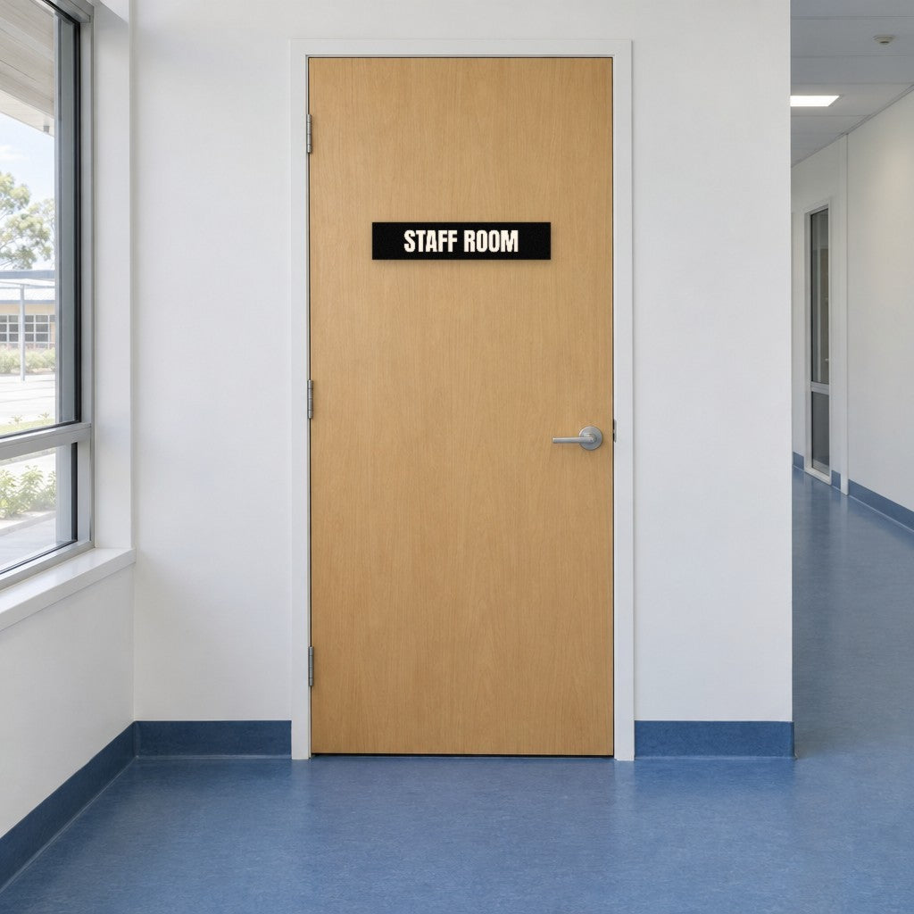 Black and white Staff Room sign on a staff room door in an Australian school