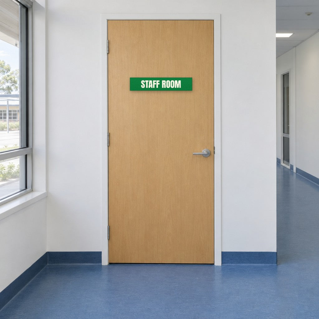 Green and white Staff Room sign on a staff room door in an Australian school