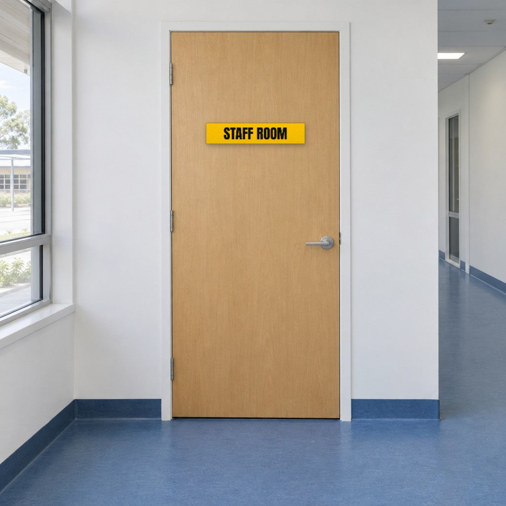 Yellow and black Staff Room sign on a staff room door in an Australian school